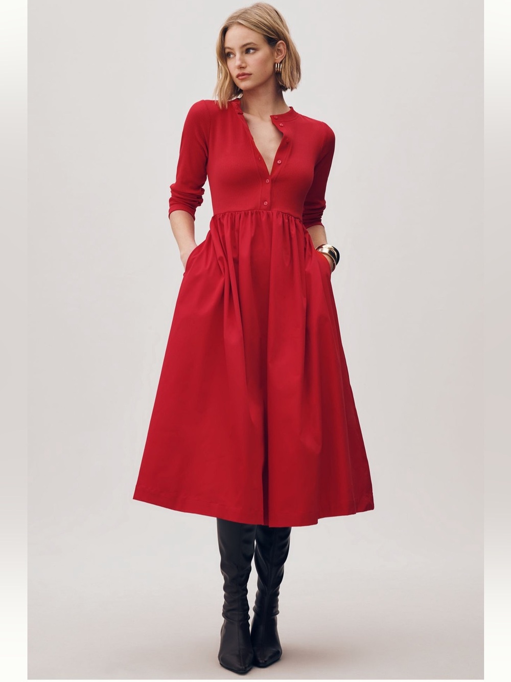 Maeve Long-Sleeve Twofer Button-Front Midi Dress - Size 1X - BNWT